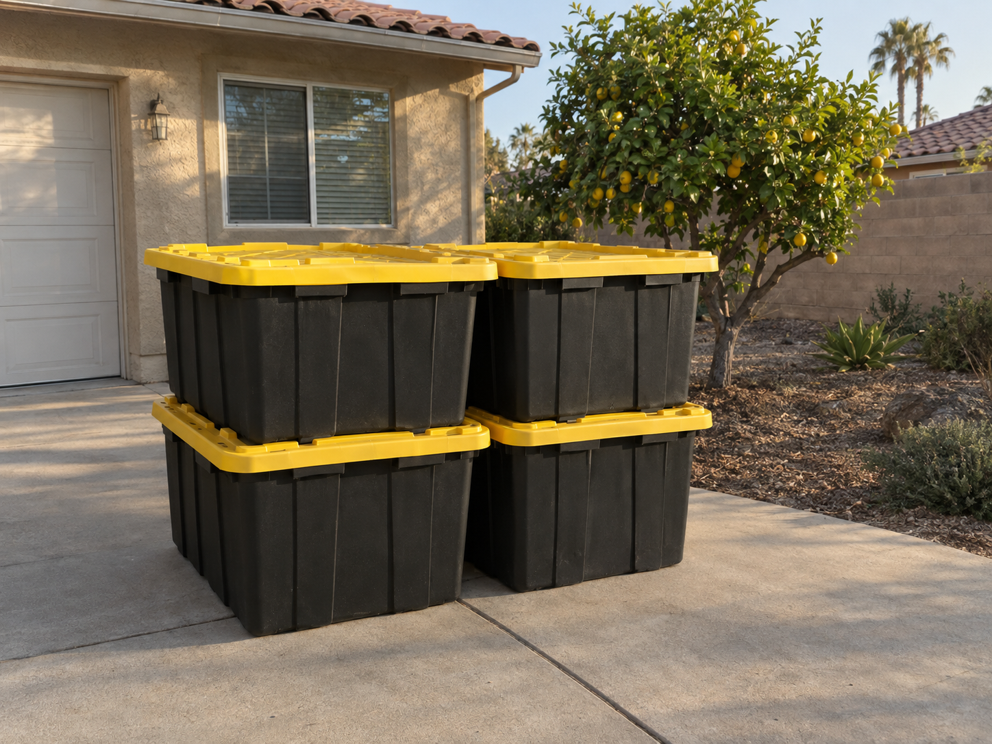 Four black moving bins with yellow lids stacked on a driveway in front of a stucco house